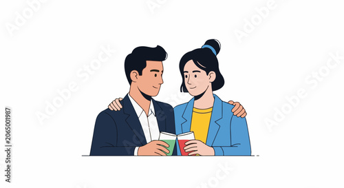 A man and woman in business casual clothing sitting together with drinks