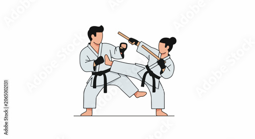 A man and woman in martial arts uniforms practice with wooden swords