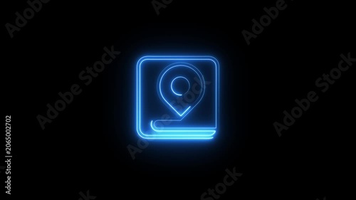 glowing neon location pin icon animation. Search address road sign, travel map pin symbol on black background.