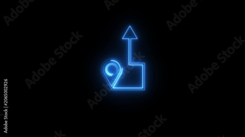 glowing neon location pin icon animation. Search address road sign, travel map pin symbol on black background.