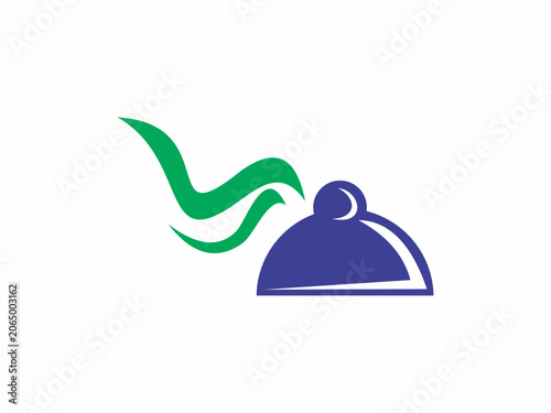 Eco Friendly Fresh Food Catering Service Blue Cloche and Flying Green Bird Elegant Restaurant Logo Template