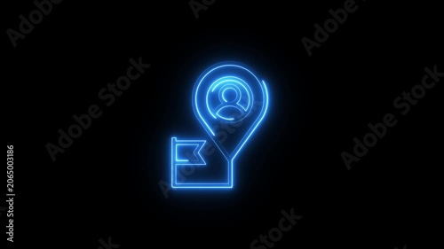 glowing neon location pin icon animation. Search address road sign, travel map pin symbol on black background.