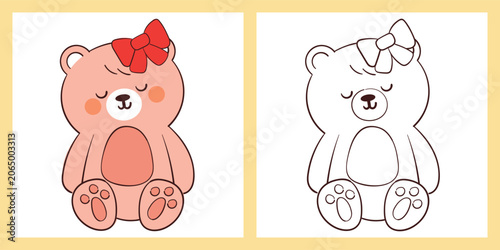 coloring page of cute hand drawn cartoon bear sitting and wearing red ribbon on its head