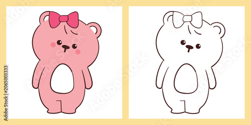 coloring page of cute hand drawn cartoon bear wearing pink ribbon on its head