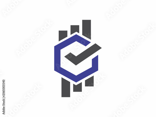 An isolated abstract corporate logo design featuring grey vertical bar charts combined with a blue hexagon shape and a prominent checkmark symbol representing verified financial success.
