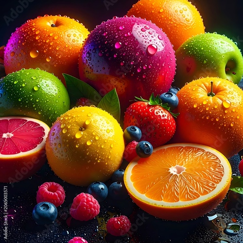A vibrant arrangement of fresh fruits with water droplets on a dark surface