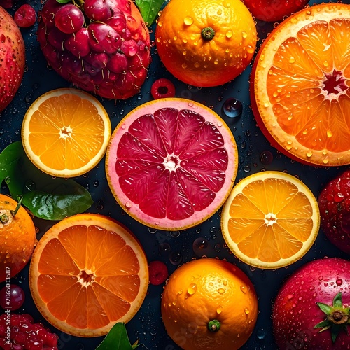 A vibrant arrangement of sliced and whole citrus fruits