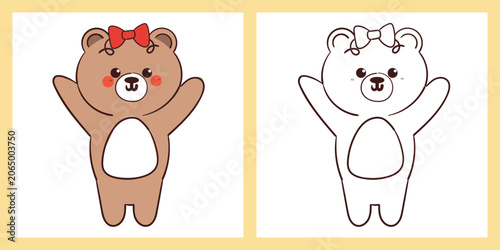 coloring page of cute hand drawn cartoon bear wearing red ribbon on its head
