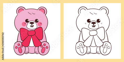 coloring page of cute hand drawn cartoon bear sitting while wearing big red ribbon on its neck