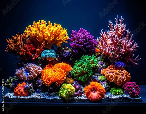 A vibrant coral reef with diverse colorful corals on white gravel