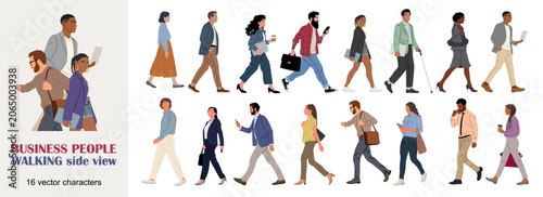 Fotografie Business professionals stride purposefully down a city street
