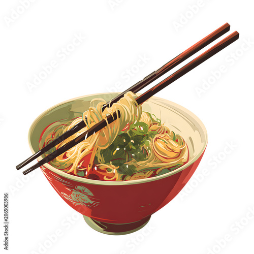 Bowl of noodles with chopsticks and green onions