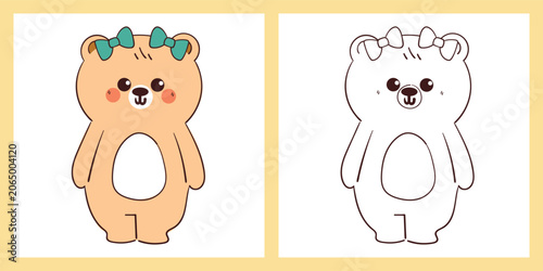 coloring page of cute hand drawn cartoon bear wearing two blue ribbon on its head