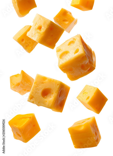 Cheddar cheese cubes falling against
