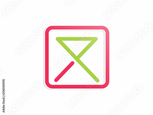 A clean corporate vector icon featuring a rounded red square outline enclosing a green geometric minimalist symbol composed of intersecting straight lines on a solid white background.