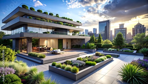 Modern multi-level house with rooftop garden and city view