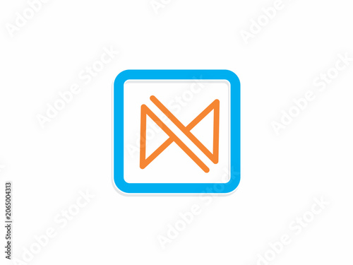 An isolated minimalist corporate emblem presenting a light blue rounded square frame surrounding orange geometric crossed line elements, suitable for tech startups and digital platforms.