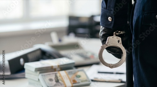 Handcuffs and cash in corporate workplace illustrating fraud investigation corruption allegations financial misconduct and legal consequences