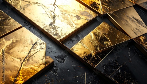 Shattered gold mirrors on dark surface