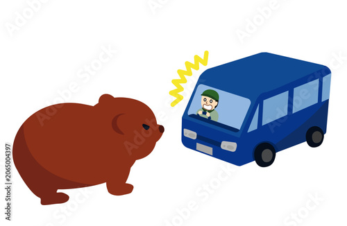 Fotografi 道路を走行中に野生のクマに遭遇する車の運転手のイラスト（熊の飛び出し・ロードキル注意）