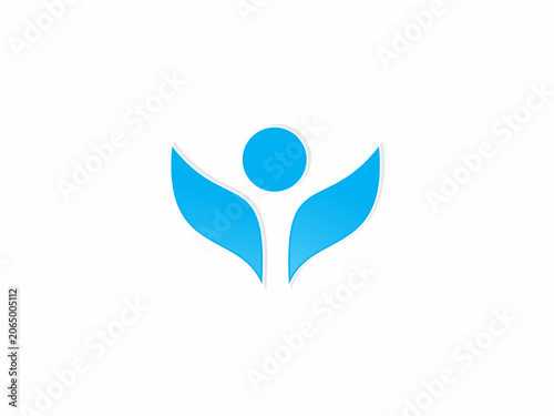 A clean and simple vector illustration of a bright blue abstract human icon with wings lifted upward, perfectly representing freedom, health, wellness, vitality, and medical care.