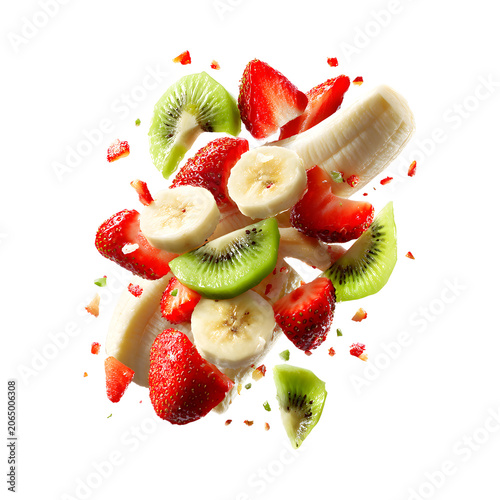 Fruit salad ingredients flying in motion