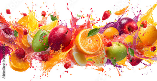 Fruits and juice splashes vibrant mixed