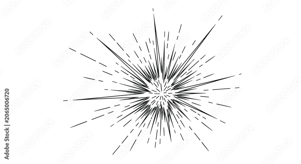 Obraz premium Intense black and white starburst effect with numerous sharp rays of varying lengths radiating from a central white point.