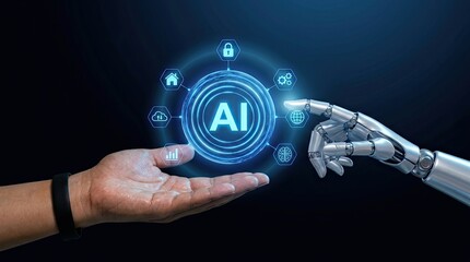 Human hand and robotic finger touching glowing blue ai symbol with icons