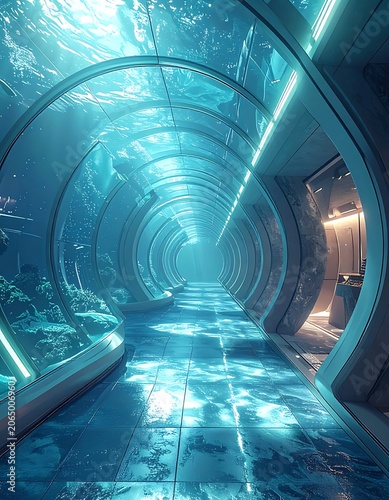 A futuristic underwater tunnel with curved glass walls and shimmering blue light