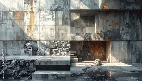 A gray concrete structure with a staircase and rugged texture
