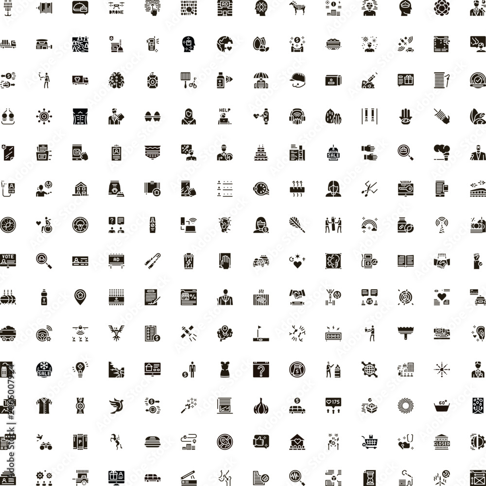 Fototapeta premium Large set of versatile monochrome silhouette icons for business, finance, tech, health, communication and education, ideal for web, app and interface design projects