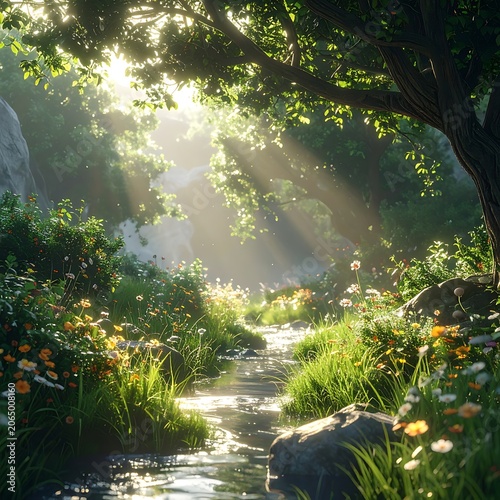 A serene forest scene with sunlight filtering through trees (59)