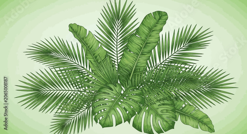 Watercolor tropical foliage arrangement illustration on a green gradient backdrop