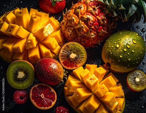 A vibrant arrangement of fresh cut fruits on a dark surface (2)