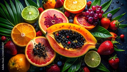 A vibrant arrangement of sliced and whole fruits with green leaves