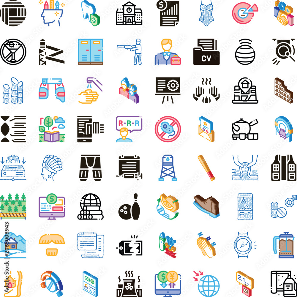 Fototapeta premium Diverse set of essential graphic icons representing various aspects of modern life, including business, healthcare, personal care, environment, and communication concepts