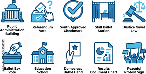 Schilderij op canvas Public administration, voting, education, and justice icons, representing democratic processes