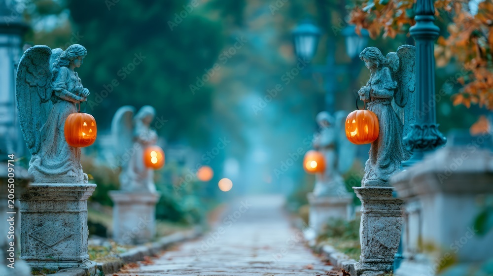 Naklejka premium Serene Graveyard Pathway Lined with Angel Statues and Halloween Pumpkins