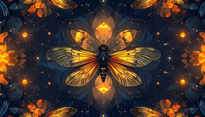 A vibrant butterfly surrounded by flowers and leaves on a dark background