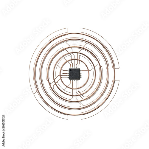 A square white circuit board featuring a central black microchip surrounded by concentric copper coil patterns, isolated on a white background isolated on a transparent background