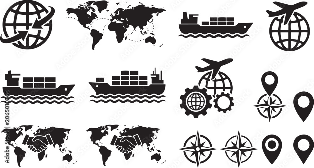 Obraz premium Collection of black and white icons representing global logistics transportation shipping and navigation concepts isolated on transparent background