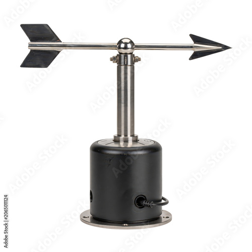 Anemometer wind speed sensor with metal arrow vanes and a black base, isolated on a white background, for meteorological weather monitoring isolated on a transparent background