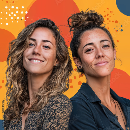 Two stylish young women with radiant smiles and a positive vibe, with creative abstract shapes and warm colors in the background, are captured in a vibrant, modern portrait.