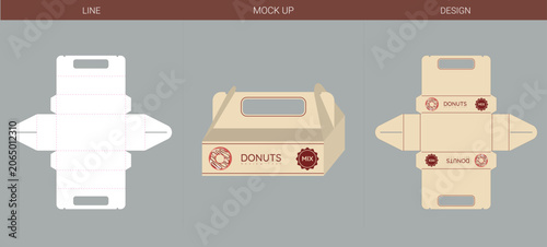 Donut Box Packaging Die Cut Template with Handle, Foldable Food Box Mockup Vector for Bakery Packaging Design