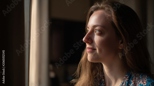 A young woman with a thoughtful expression gazes out of a window, illuminated by soft sunlight, evoking a sense of calm reflection and hope.
