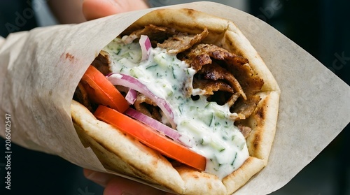 Street food gyro wrap with meat, vegetables, and sauce held in hand.