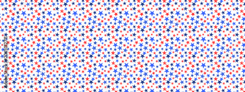 Red blue seamless star pattern on white backdrop. Scattered stars, sparks, confetti in random repeating texture. Vector patriotic design. Template for USA, 4th of July, independence day wrapping.