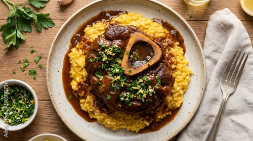 Osso buco veal shank with saffron risotto and gremolata topping on plate.