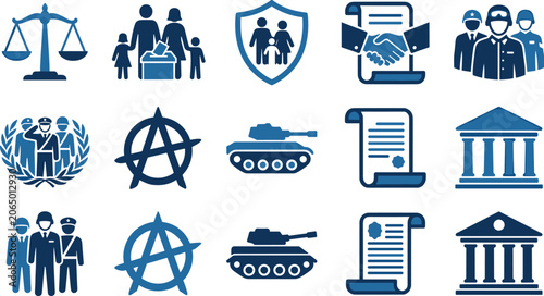 Tableau sur toile Set of icons representing military defense justice system anarchist ideology historical records and statehood